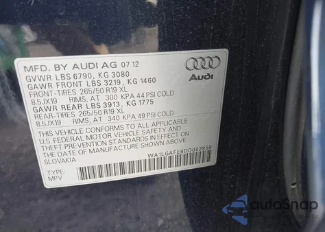 2013 Audi Q7 3.0T Premium from USA, damaged, VIN WA1LGAFE8DD002959